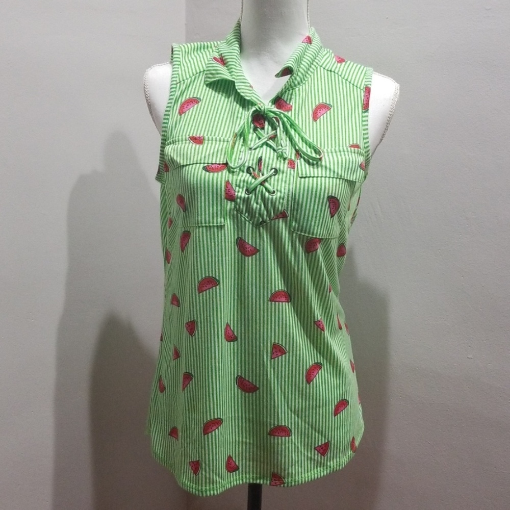 Green Stripe Watermelon Lace Up Tank - Picture 2 of 8